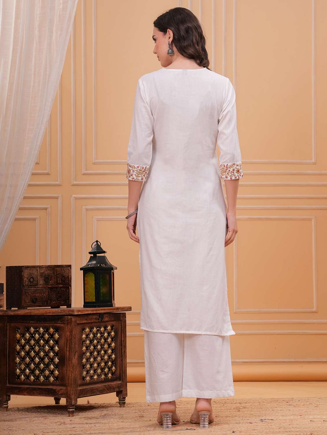 women solid with work round neck kurta pant with dupatta set - 22332259 -  Standard Image - 3
