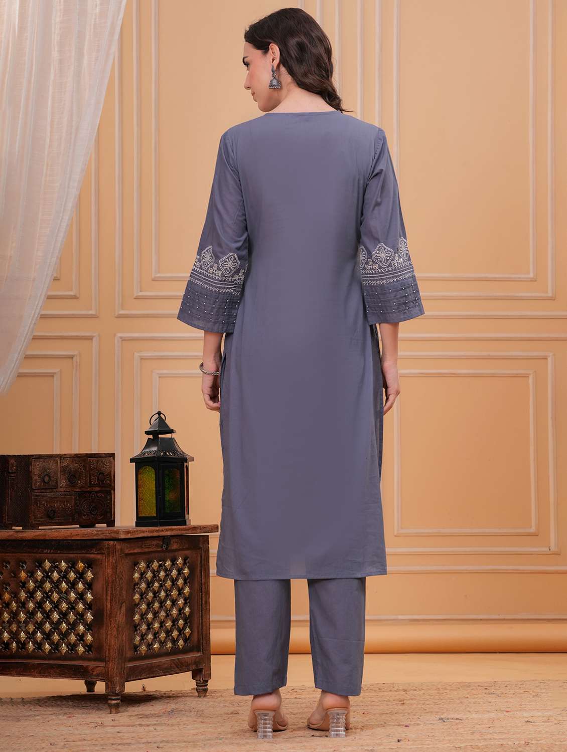 women solid with work round neck kurta pant with dupatta set - 22332265 -  Standard Image - 3