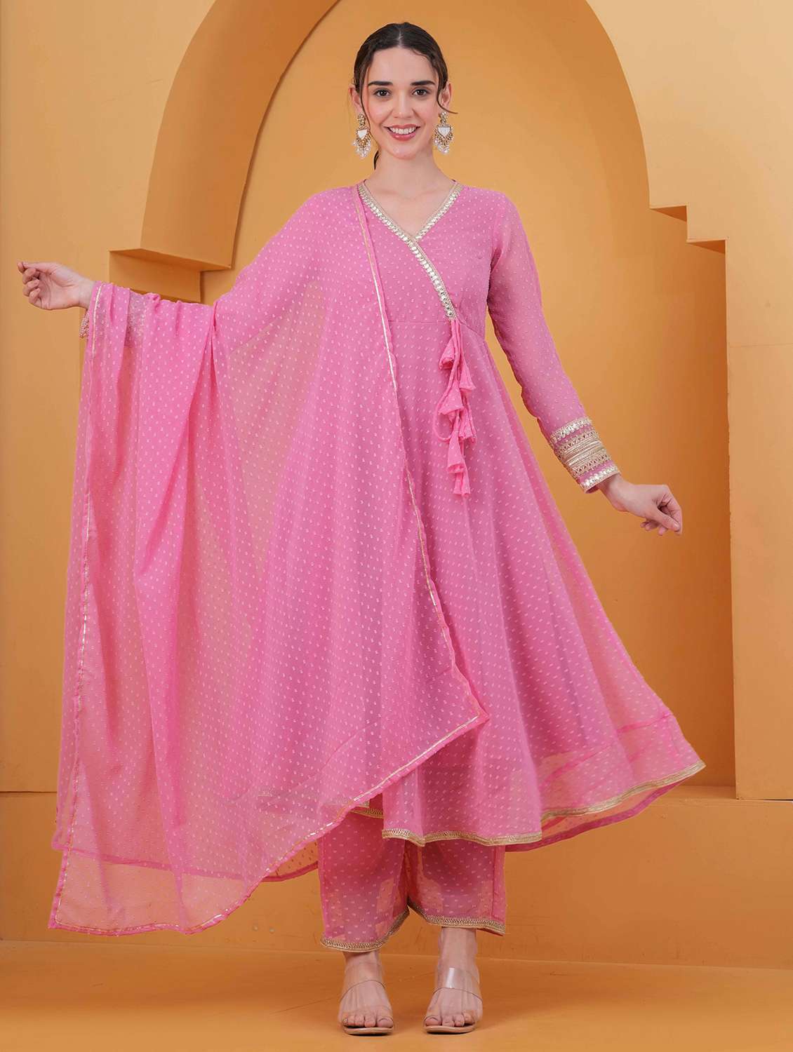 women self design long sleeve kurta pant with dupatta set