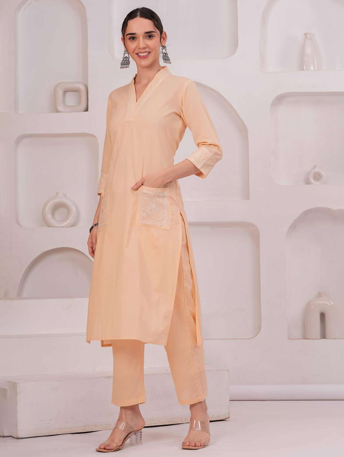 women solid with work three quarter sleeve kurta pant set - 22332273 -  Standard Image - 3