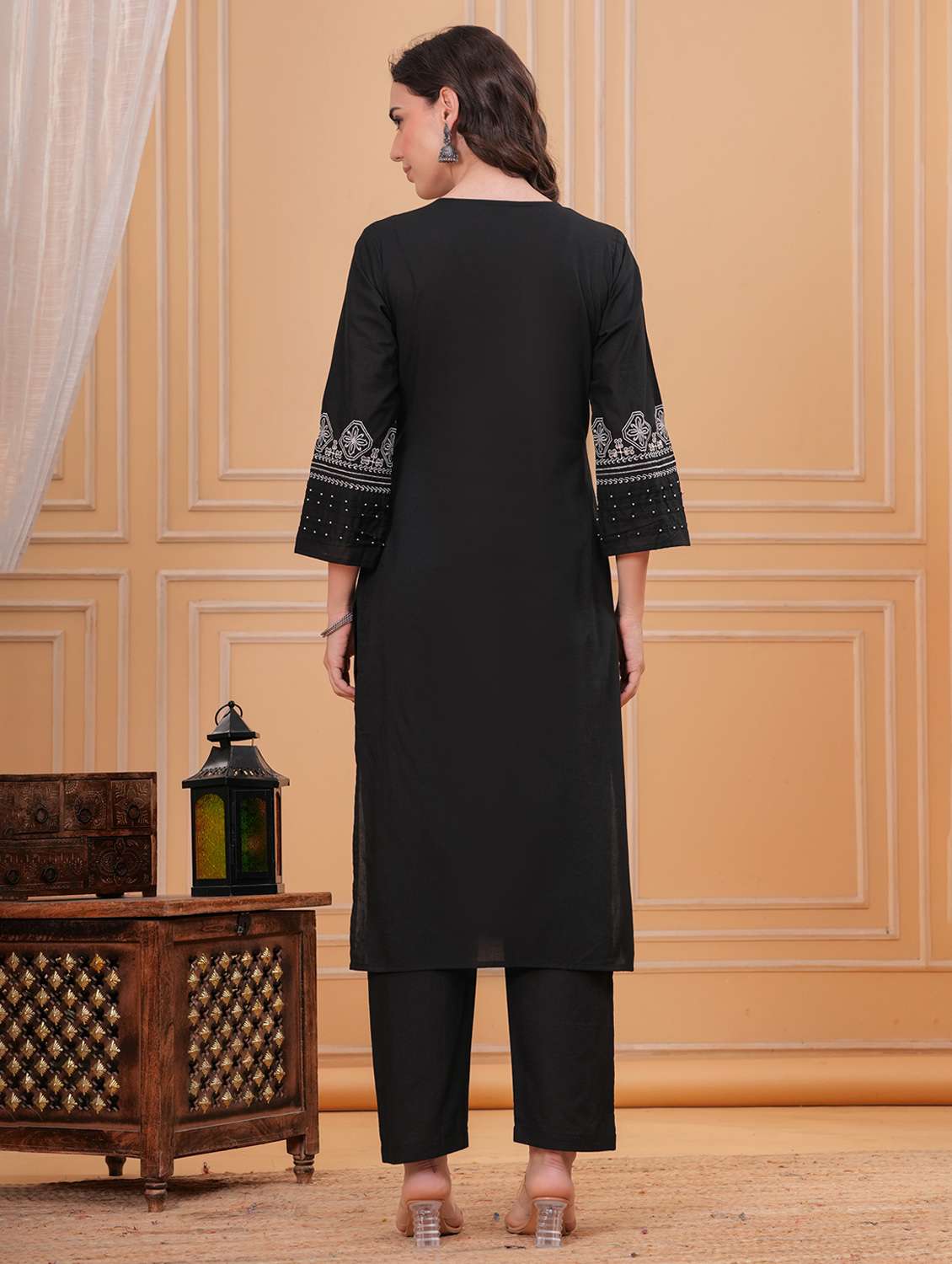 women solid with work three quarter sleeve kurta pant with dupatta set - 22332292 -  Standard Image - 3