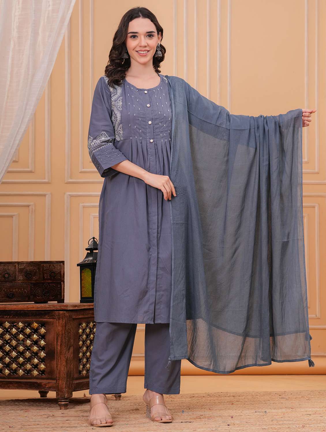 women solid with work round neck kurta pant with dupatta set