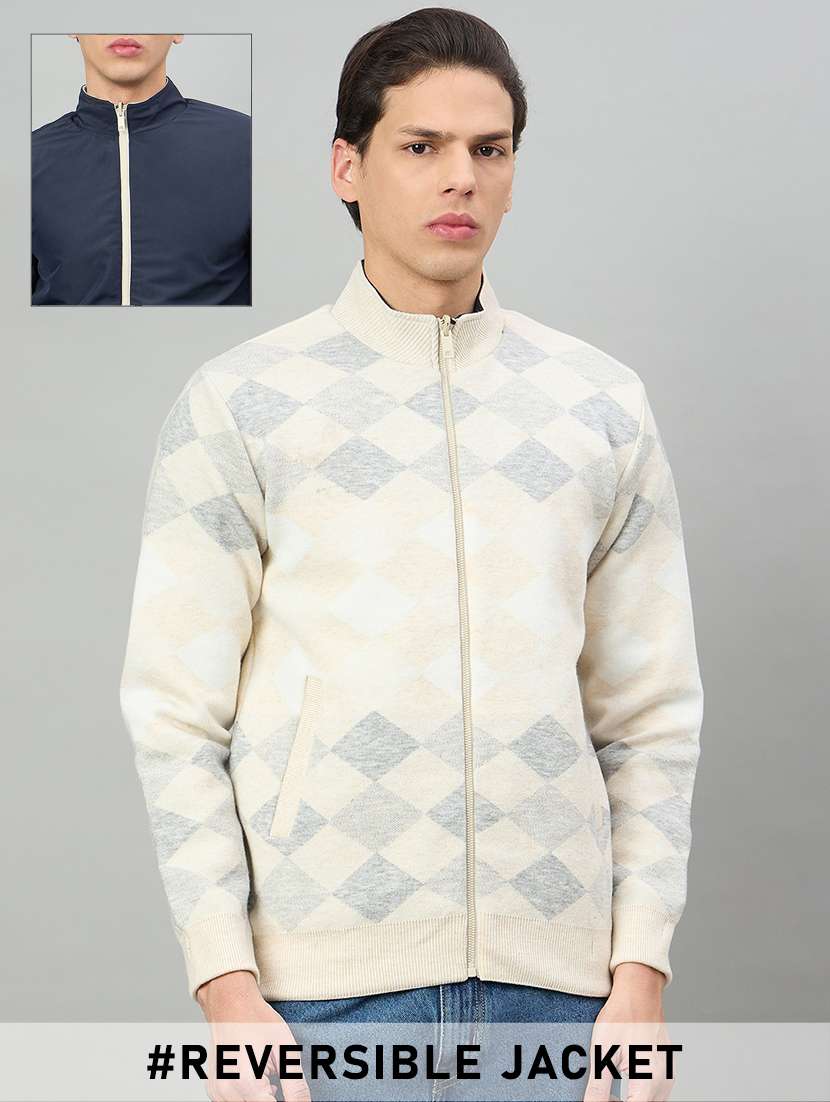 men geometric long sleeve reversible bomber jacket