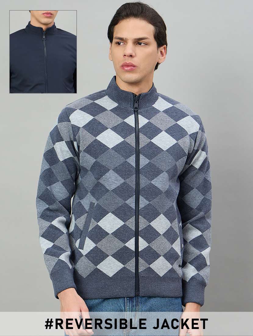 men geometric long sleeve reversible bomber jacket