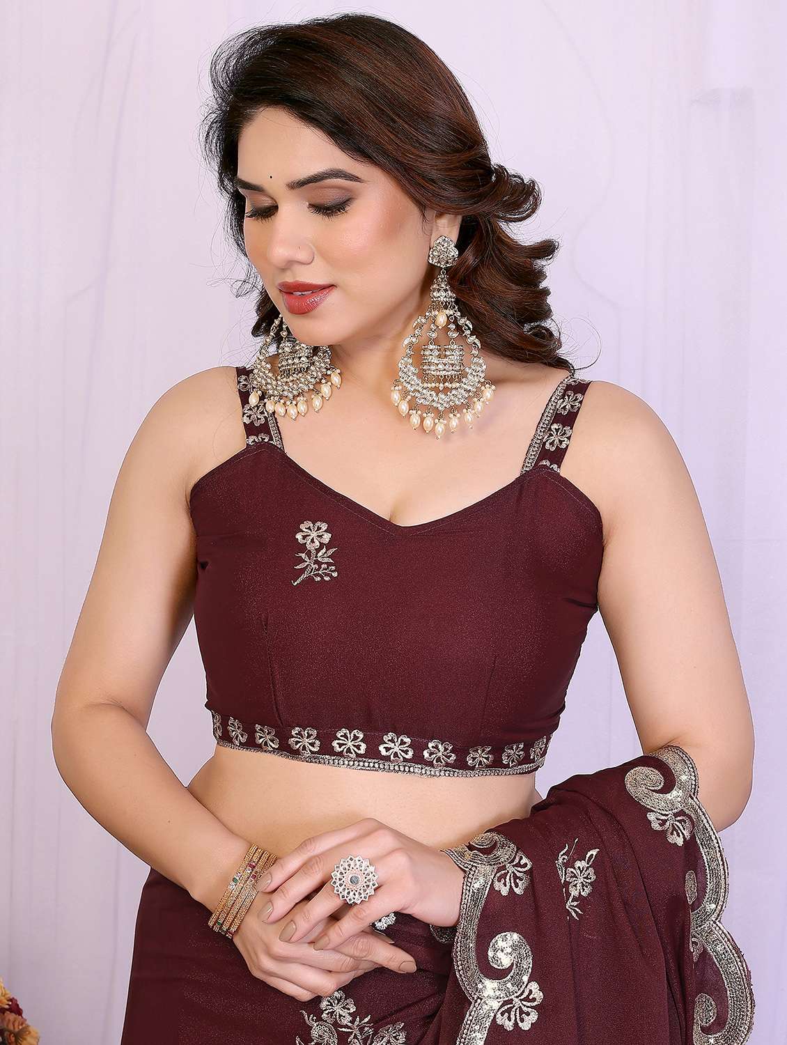 women solid with work embroidered saree with blouse - 22332428 -  Standard Image - 5