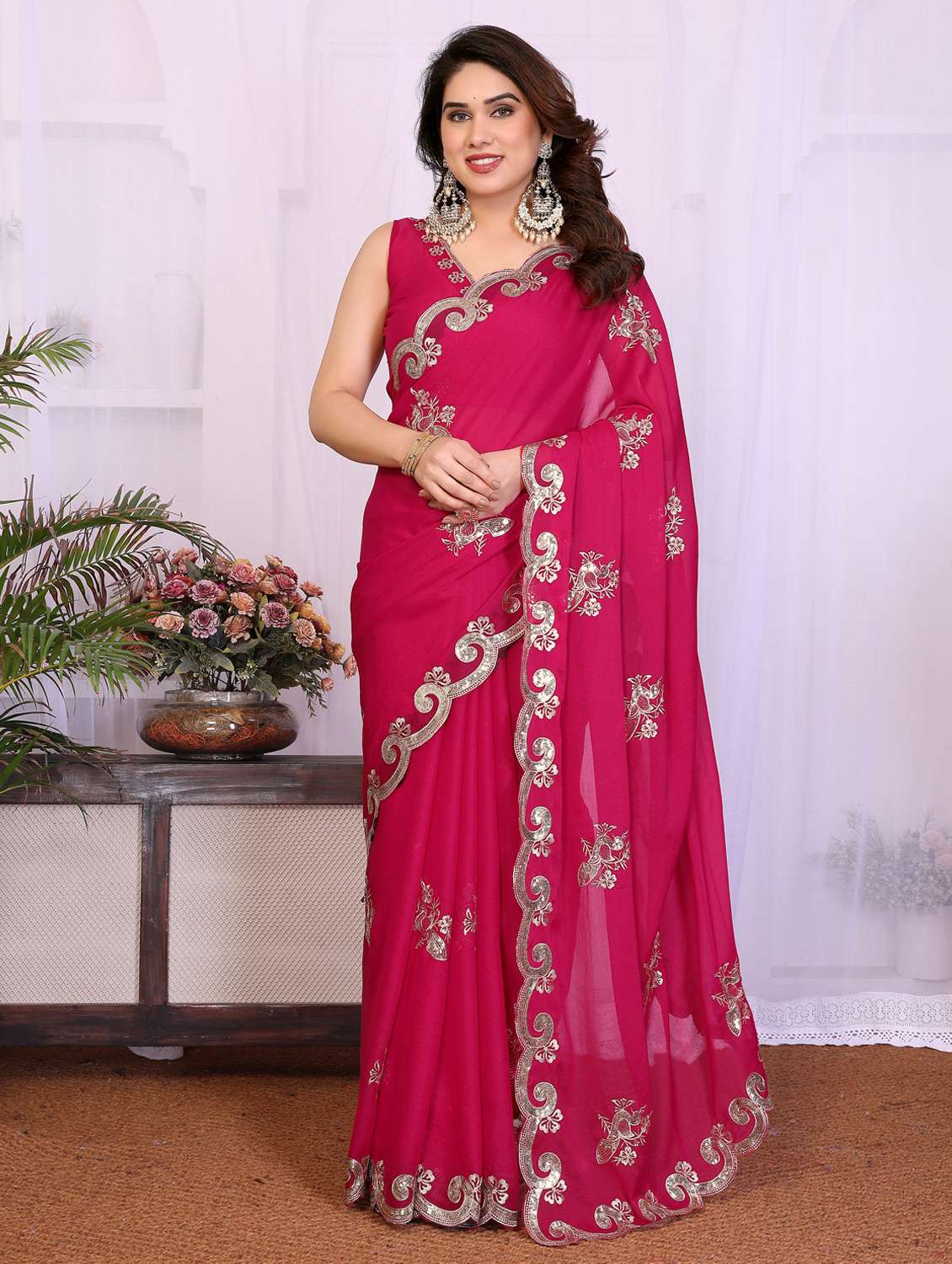 women solid with work embroidered saree with blouse