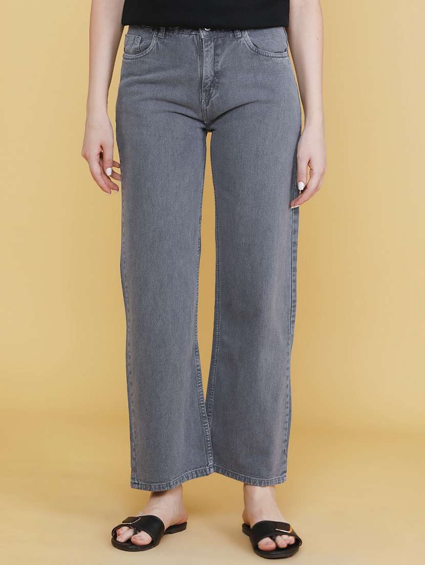 women solid high rise straight jeans