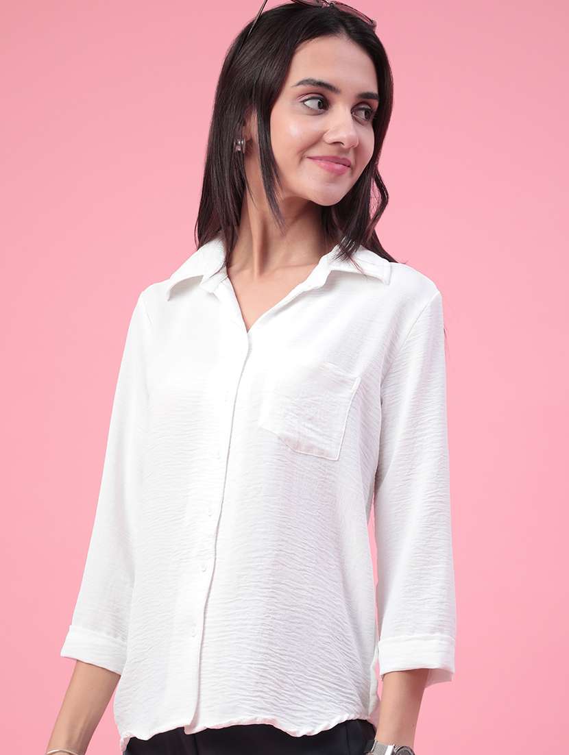women solid three quarter sleeves regular shirt