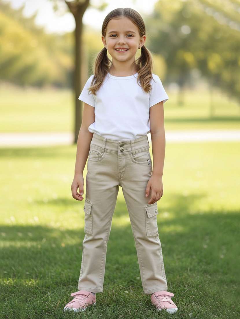 girls solid mid rise straight cargo pant