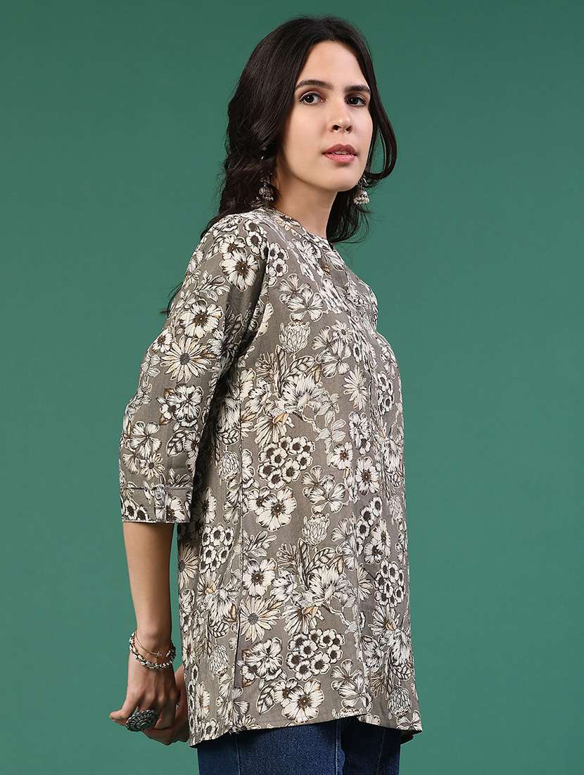 Grey Cotton Straight Kurti - 22335286 -  Standard Image - 3
