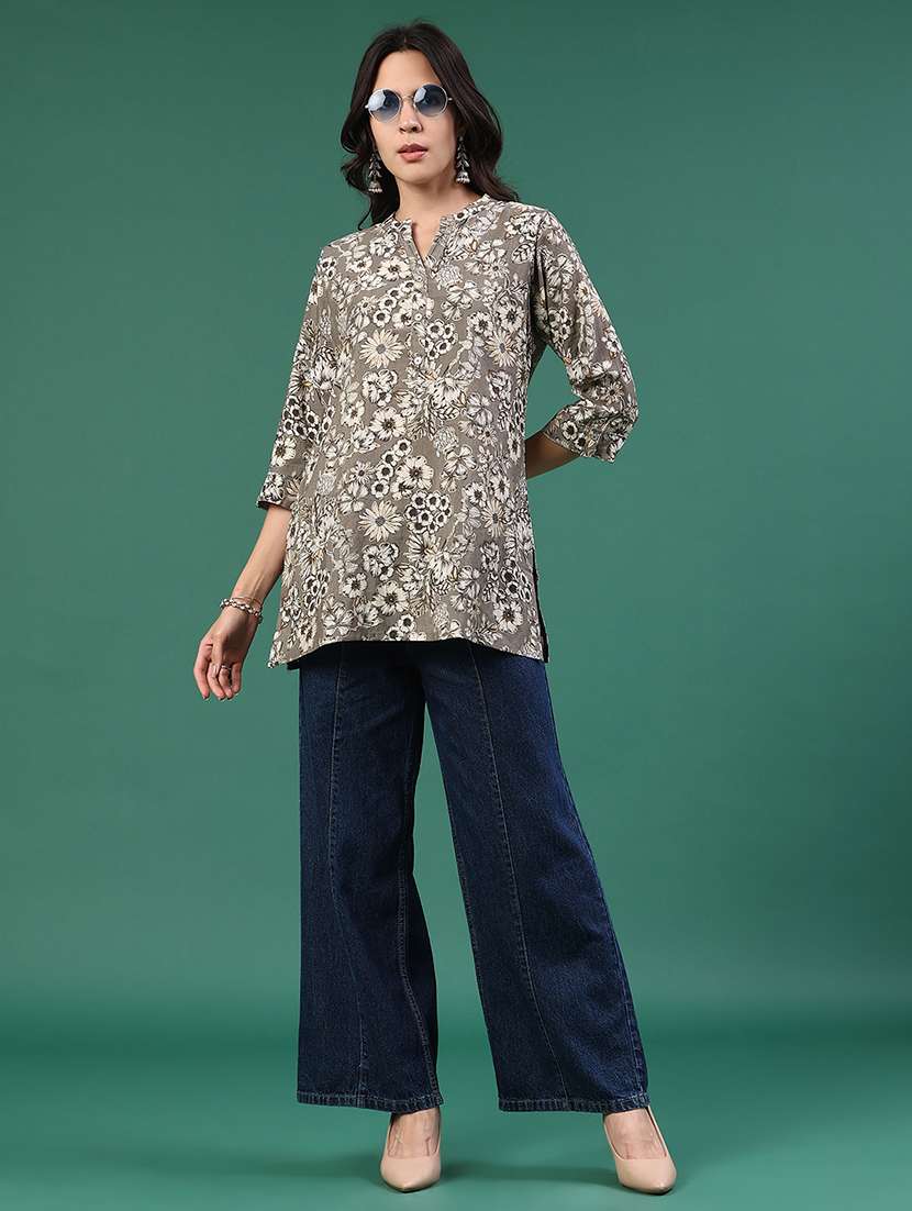 Grey Cotton Straight Kurti - 22335286 -  Standard Image - 5