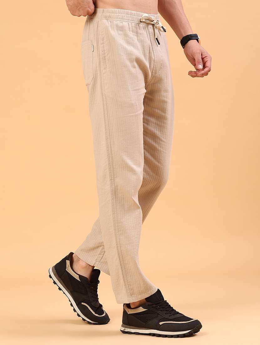 beige cotton flat front casual trousers - 22335360 -  Standard Image - 3