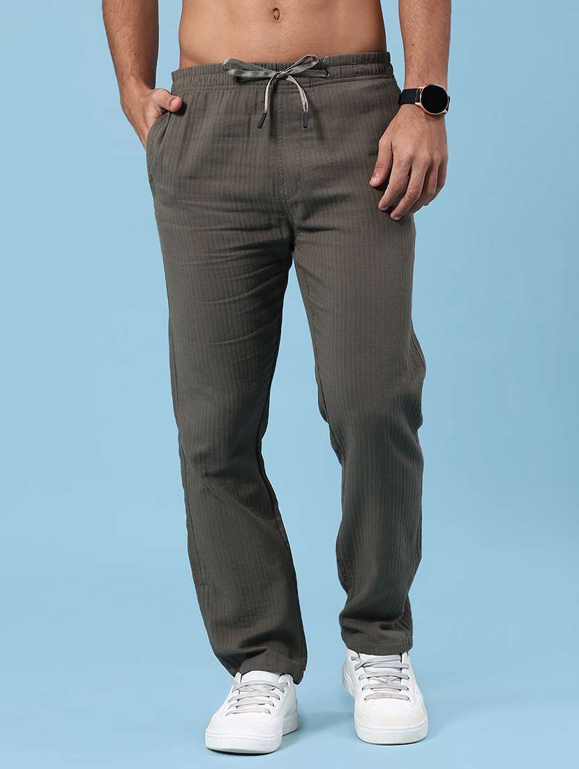 olive cotton flat front casual trousers