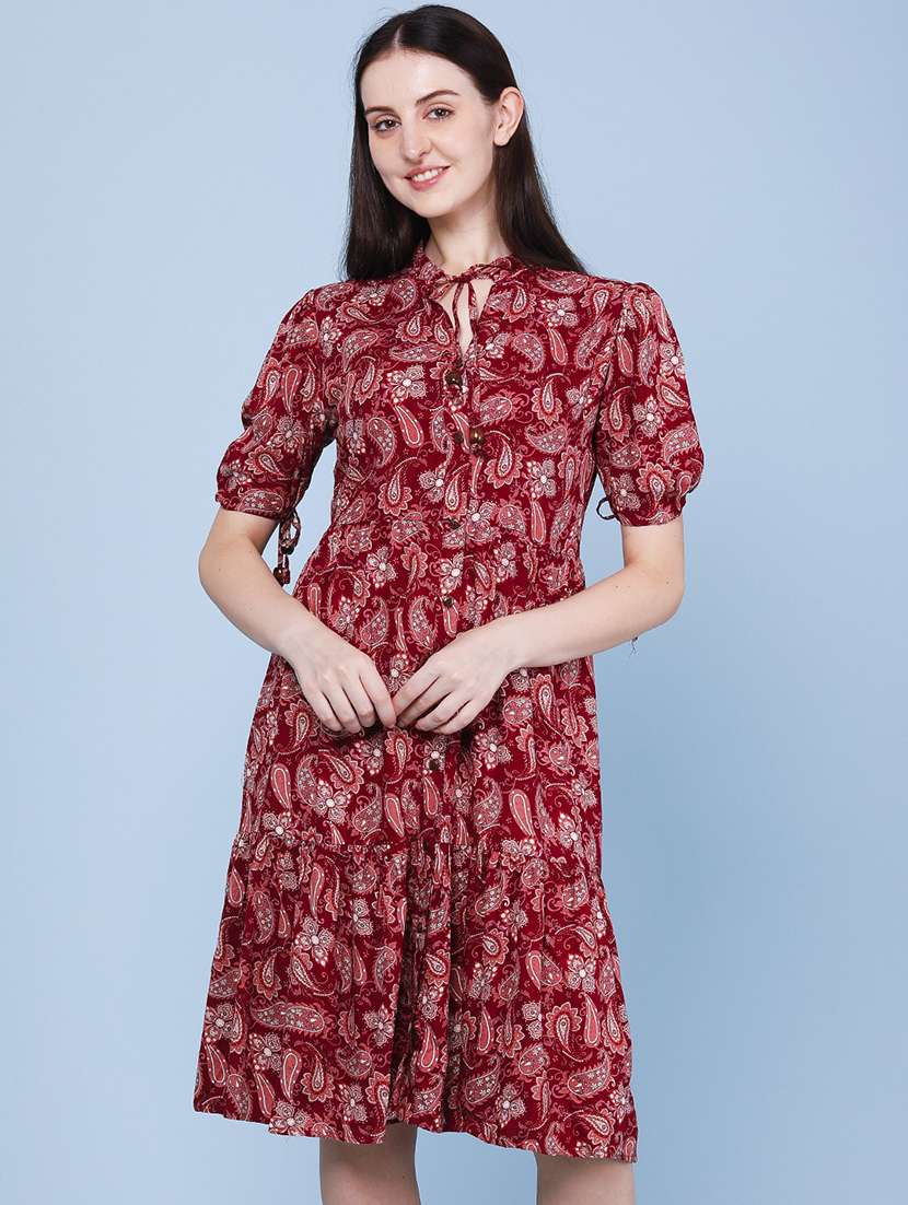 women paisley puff sleeve tiered dress