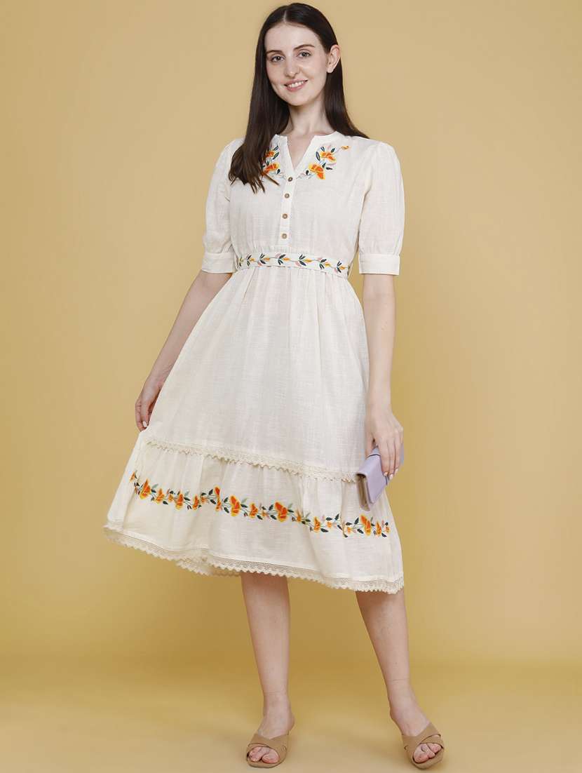 women embroidered puff sleeve tiered ethnic dress