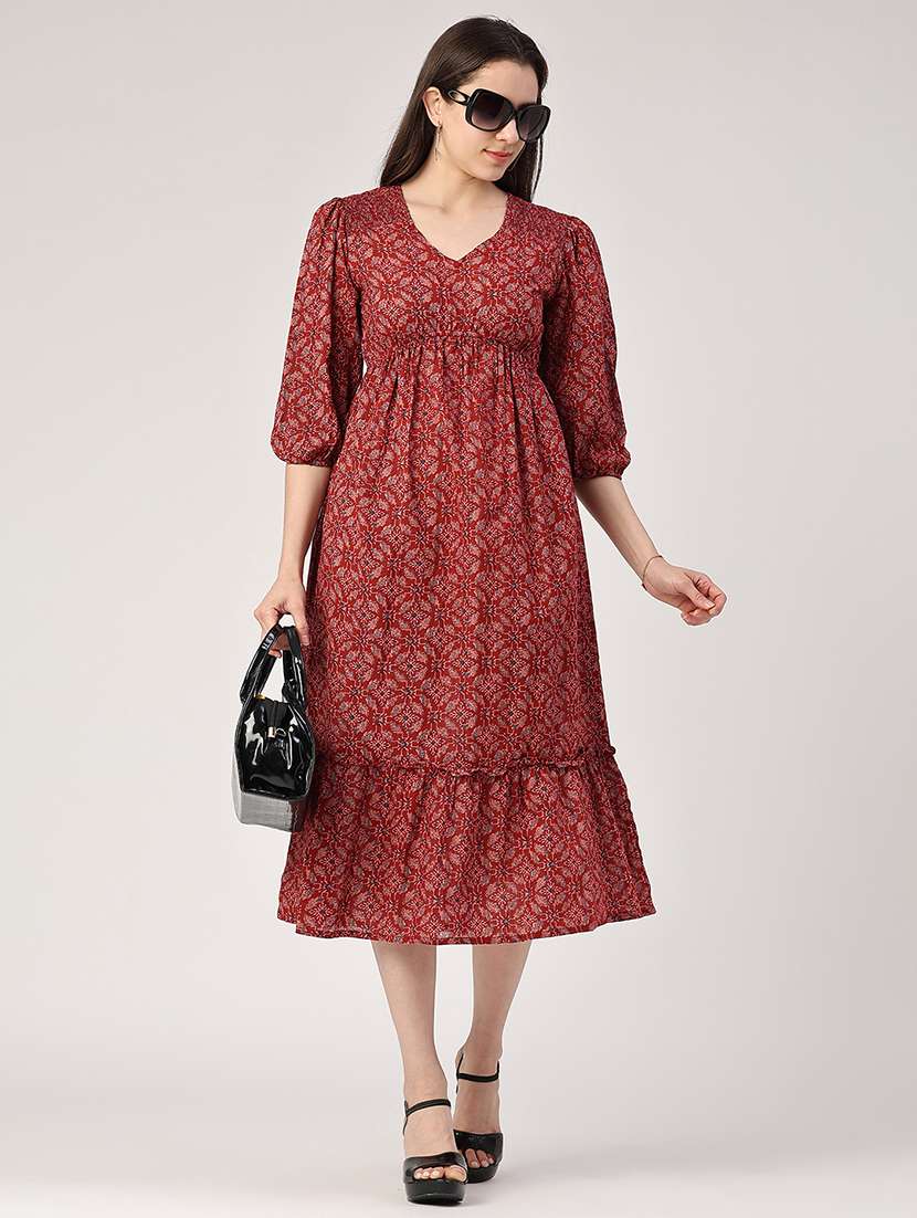 women printed puff sleeve tiered dress