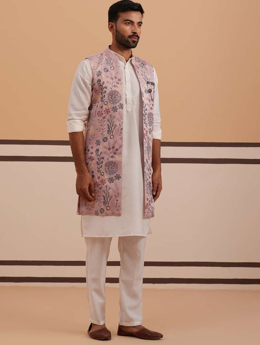 men floral mandarin neck kurta pyjama with jacket ethnic wear set - 22335550 -  Standard Image - 3