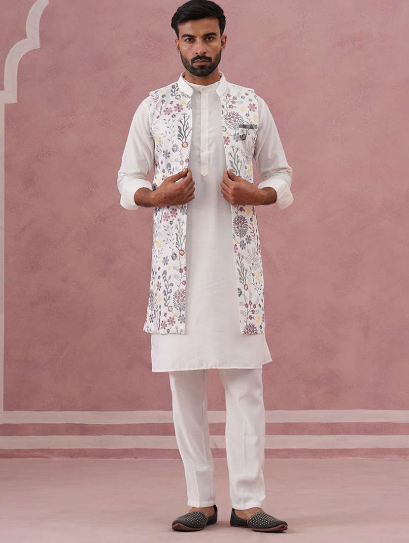 men floral mandarin neck kurta pyjama with jacket ethnic wear set