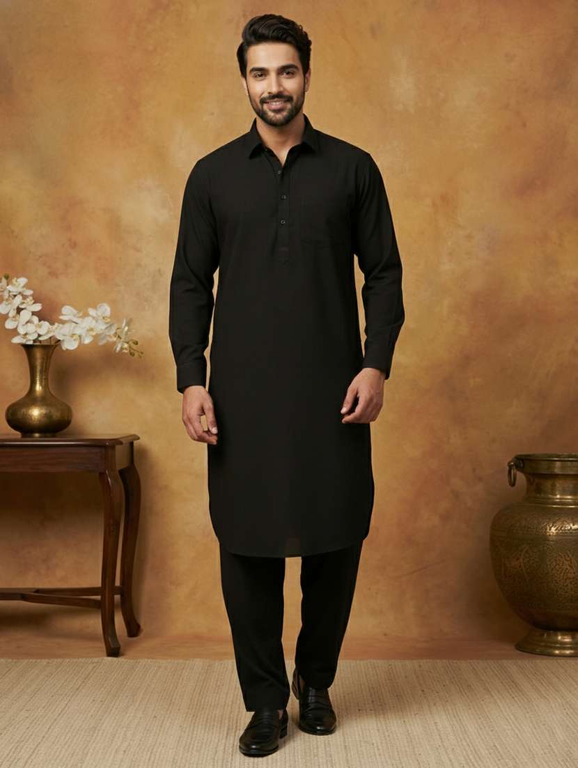 men solid long sleeve pathani ethnic wear set