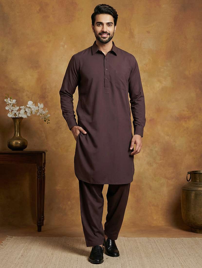 men solid long sleeve pathani ethnic wear set