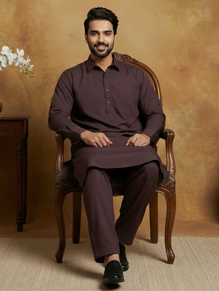 men solid long sleeve pathani ethnic wear set - 22335557 -  Standard Image - 3