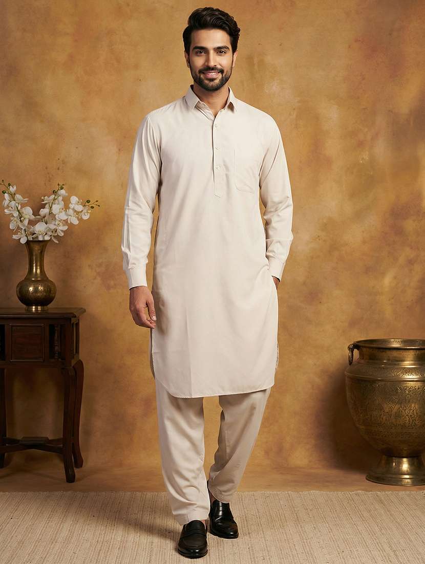 men solid long sleeve pathani ethnic wear set