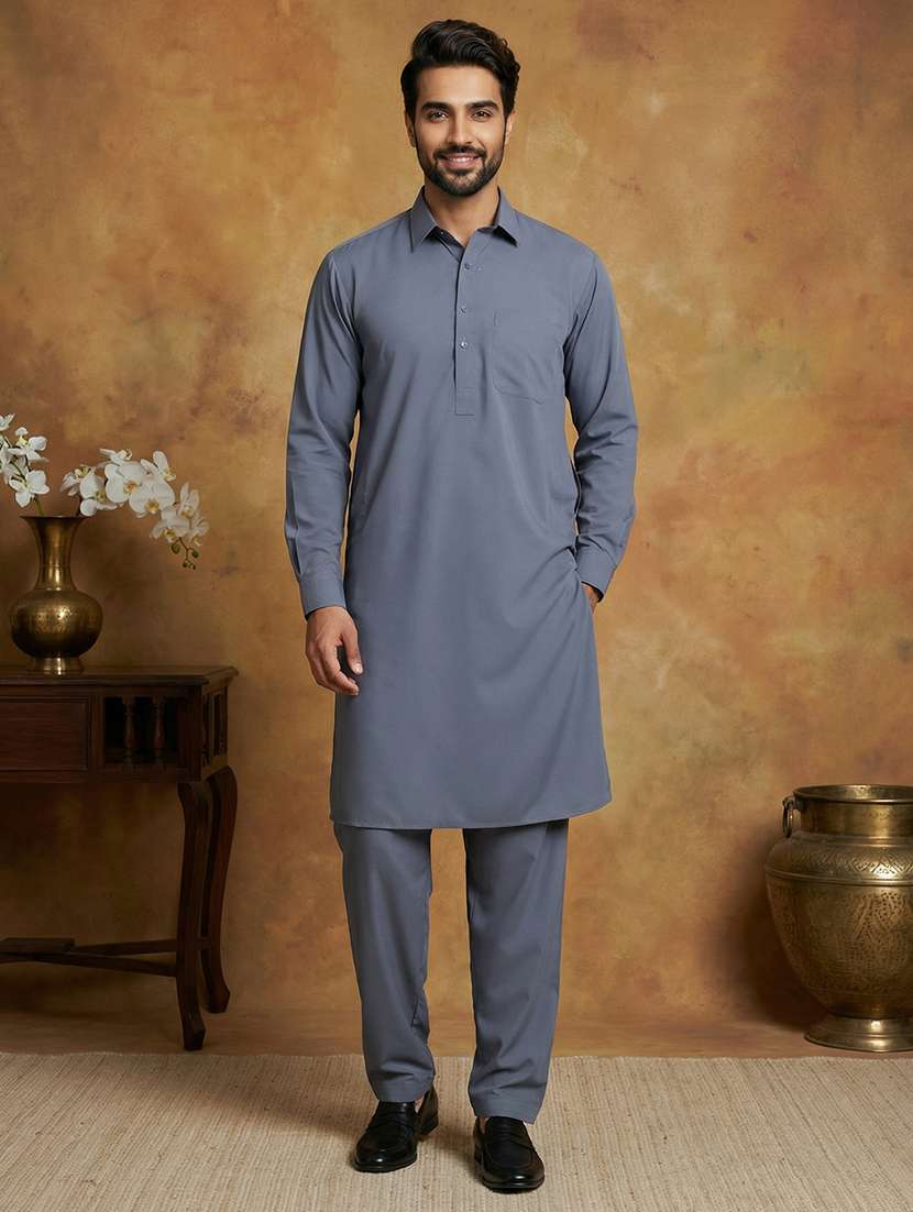 men solid long sleeve pathani ethnic wear set