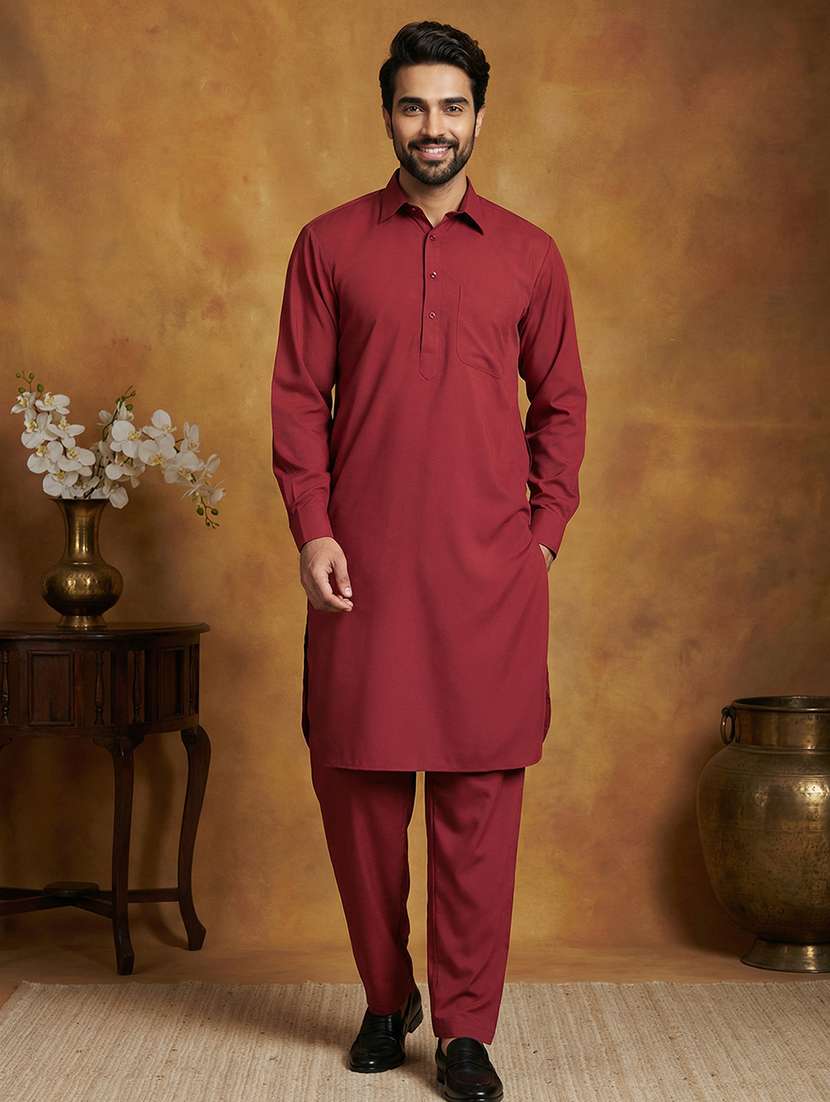 men solid long sleeve pathani ethnic wear set