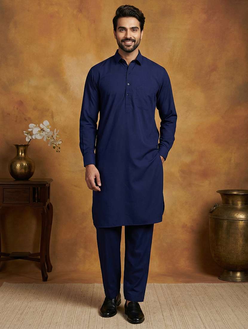 men solid long sleeve pathani ethnic wear set
