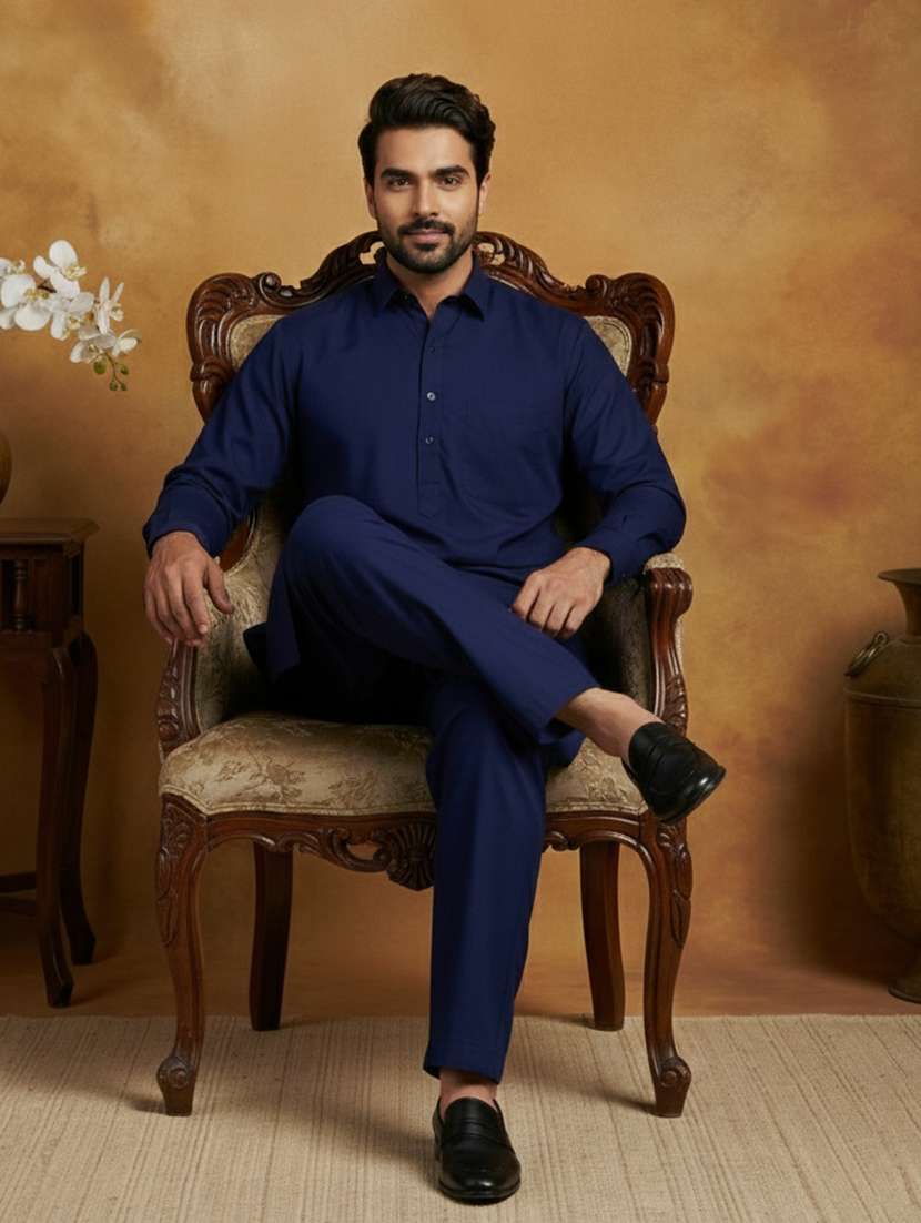 men solid long sleeve pathani ethnic wear set - 22335561 -  Standard Image - 3