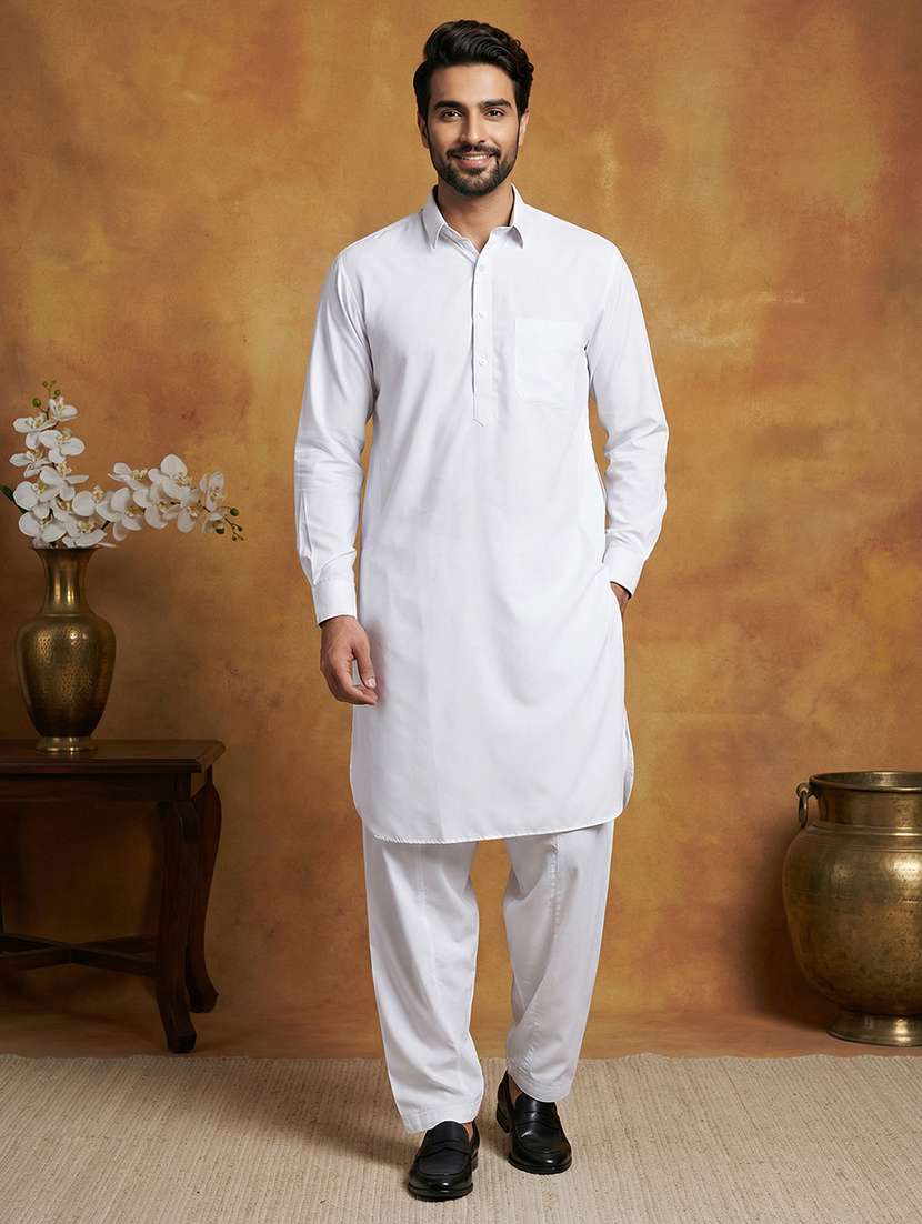 men solid long sleeve pathani ethnic wear set