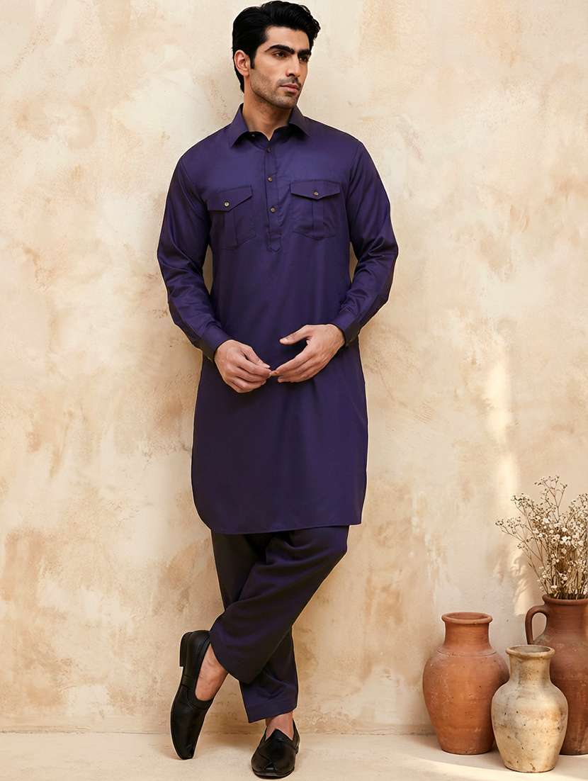 men solid long sleeve pathani ethnic wear set