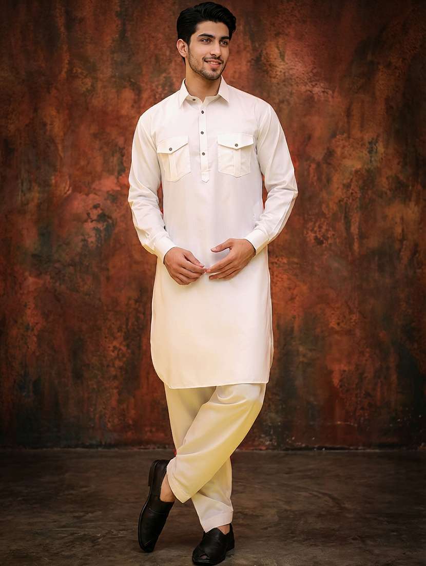 men solid long sleeve pathani ethnic wear set