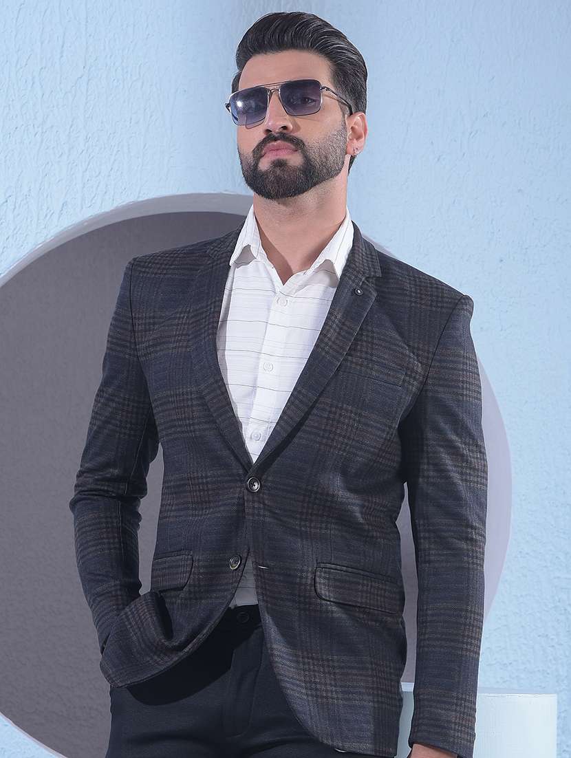 men checkered lapel collar single breasted casual blazer