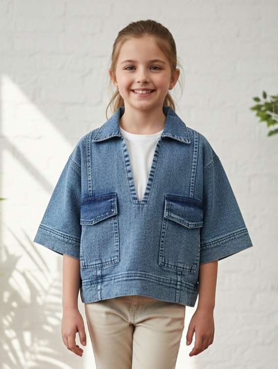 girls collared long sleeve denim jacket