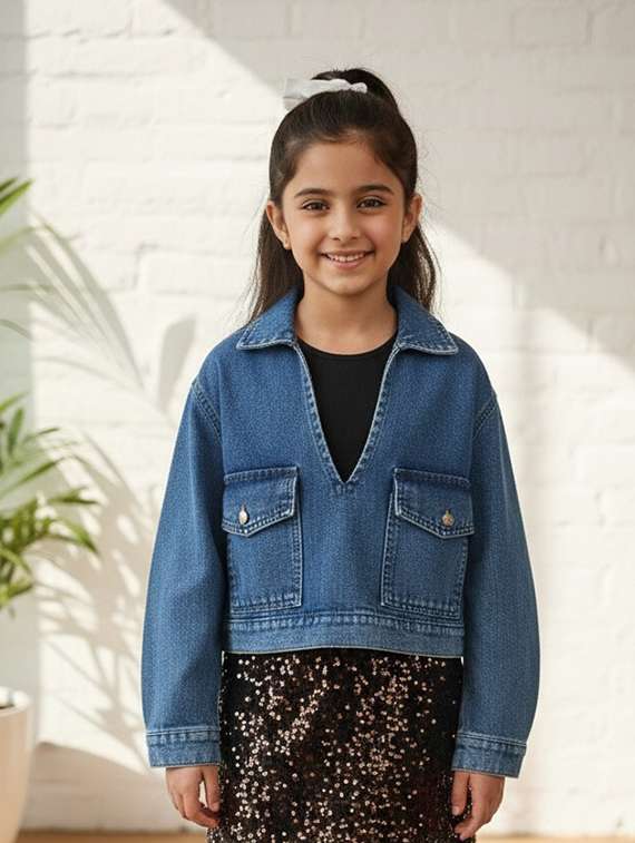 girls collared long sleeve denim jacket