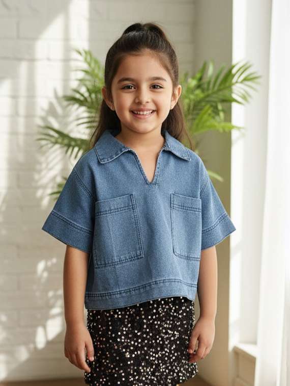 girls collared long sleeve denim jacket