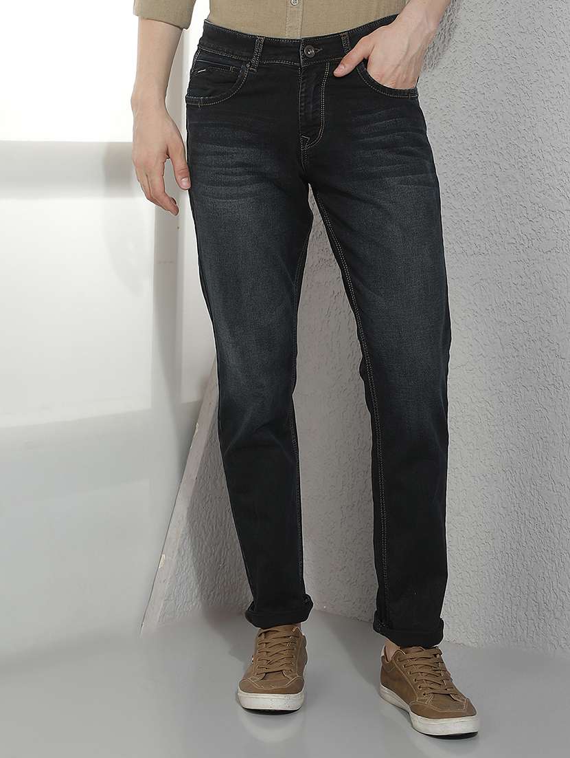 men washed mid rise full length slim fit jeans