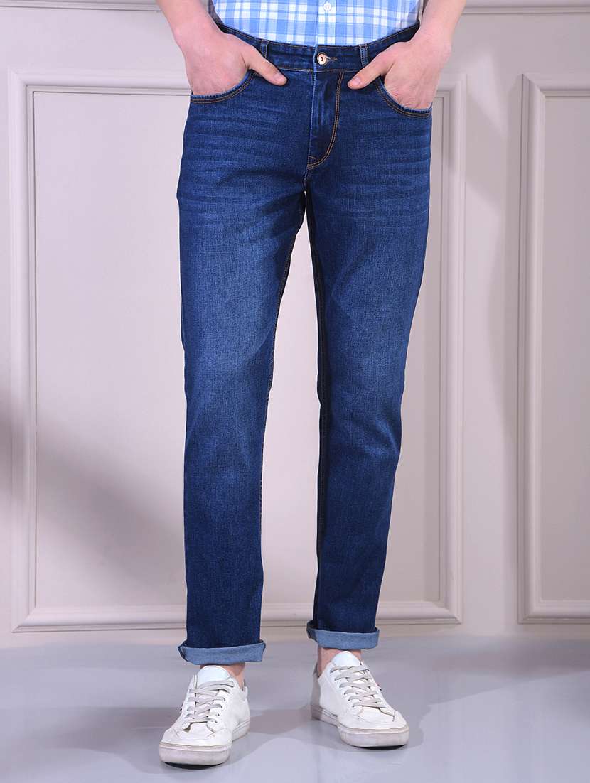 men washed mid rise full length slim fit jeans