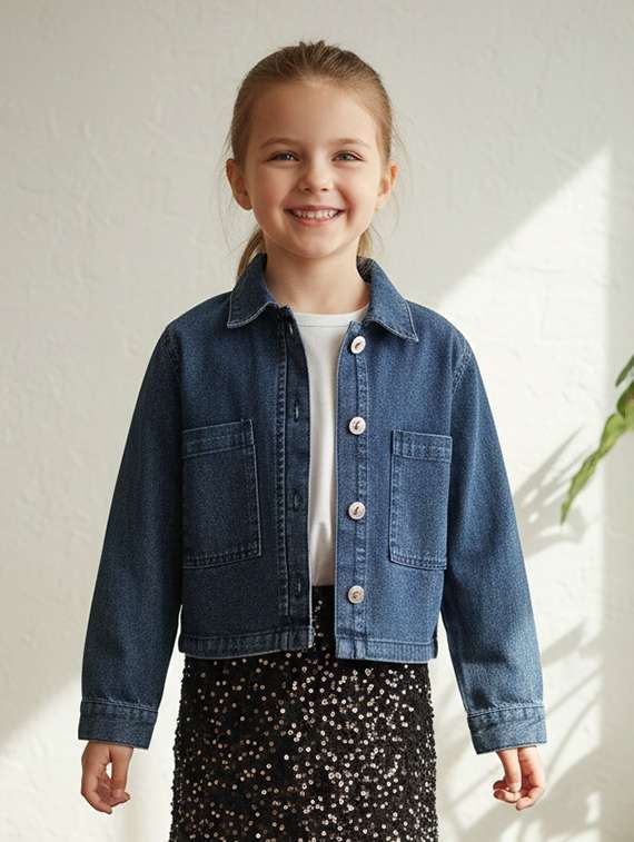 girls collared long sleeve denim jacket