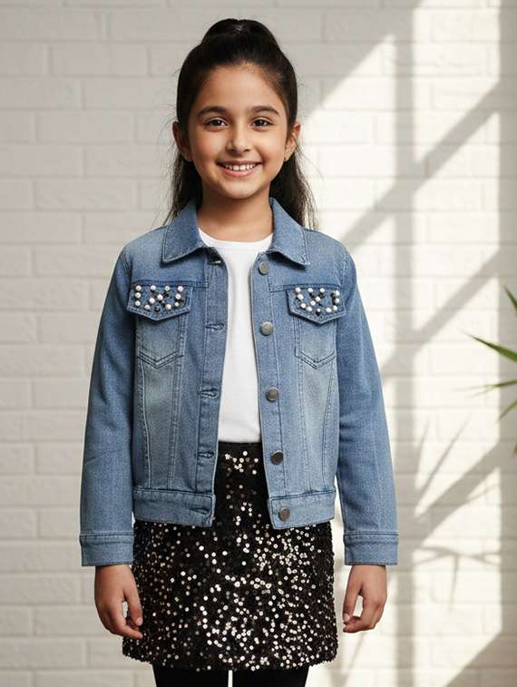 girls collared long sleeve denim jacket