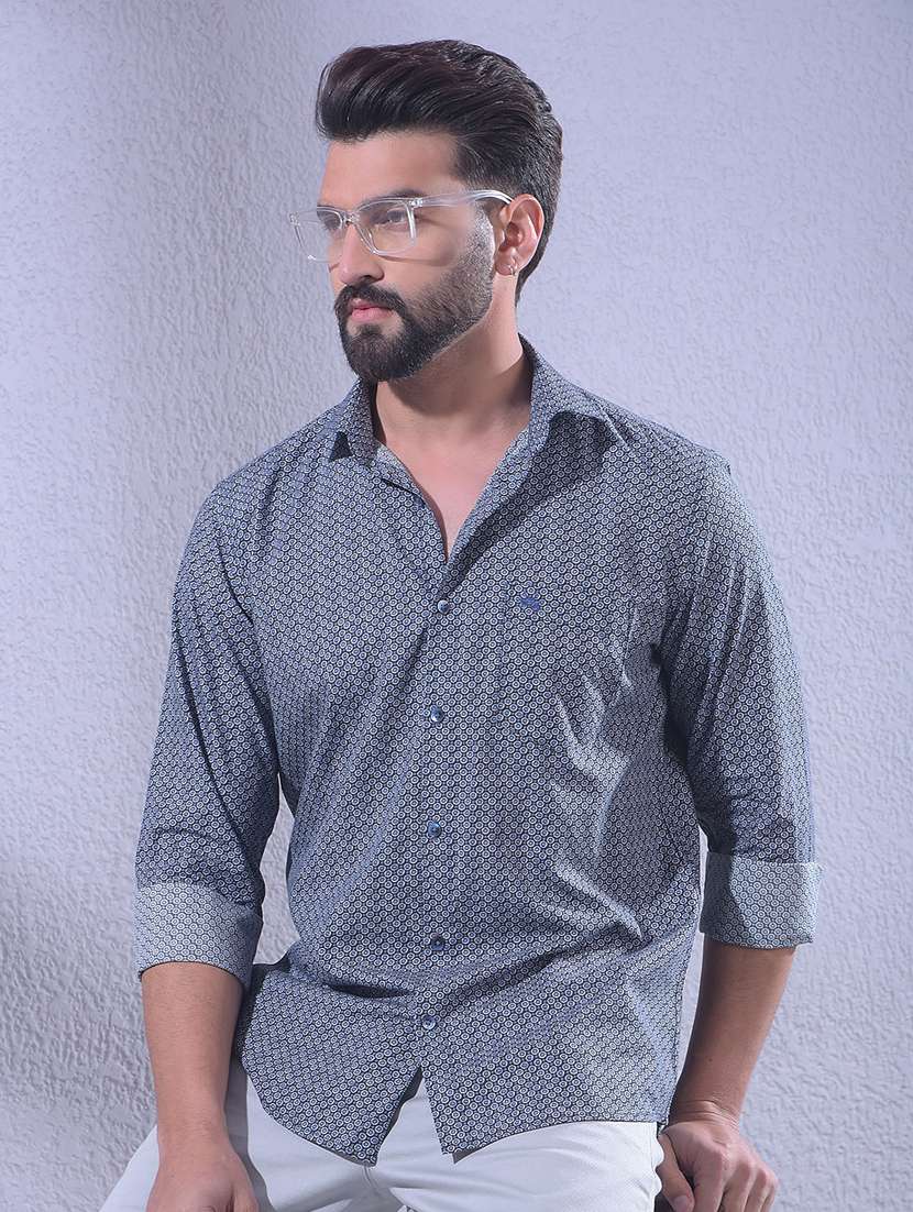 men printed long sleeve slim fit casual shirt