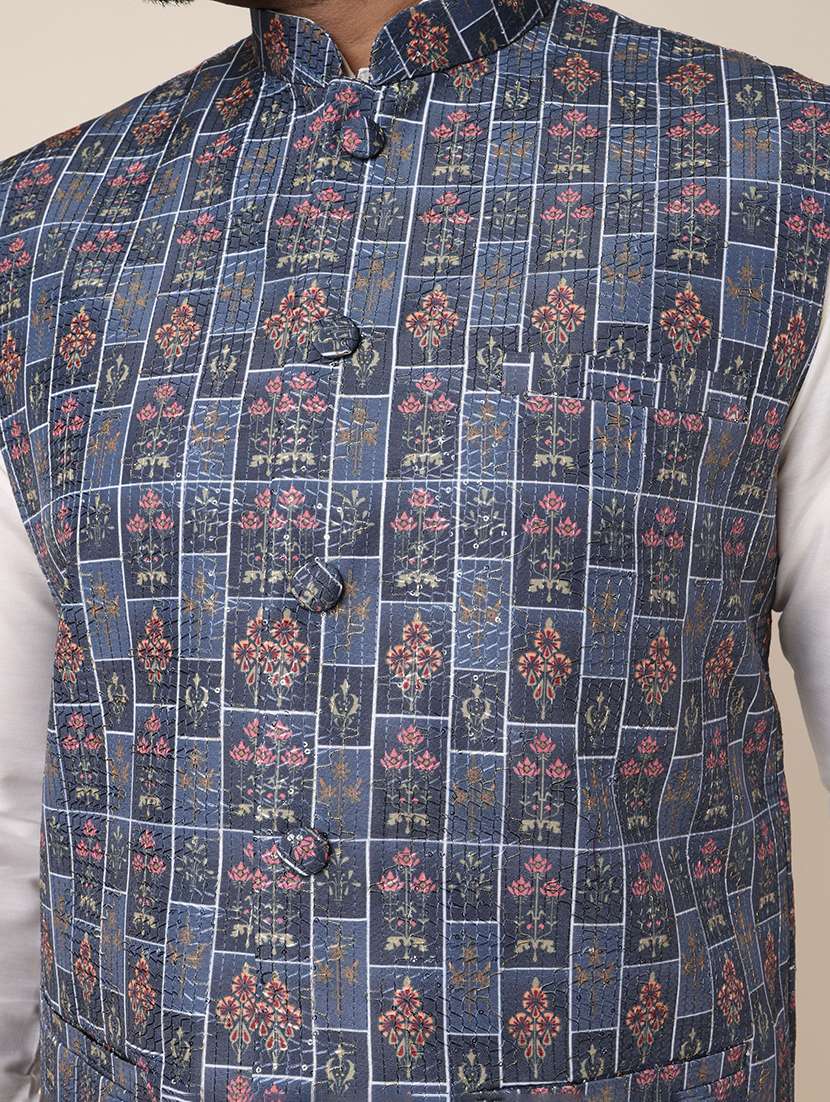 men printed mandarin neck regular fit nehru jacket - 22336101 -  Standard Image - 3