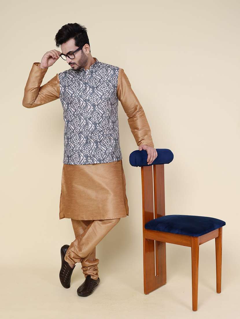 men printed mandarin neck kurta pyjama with jacket ethnic wear set
