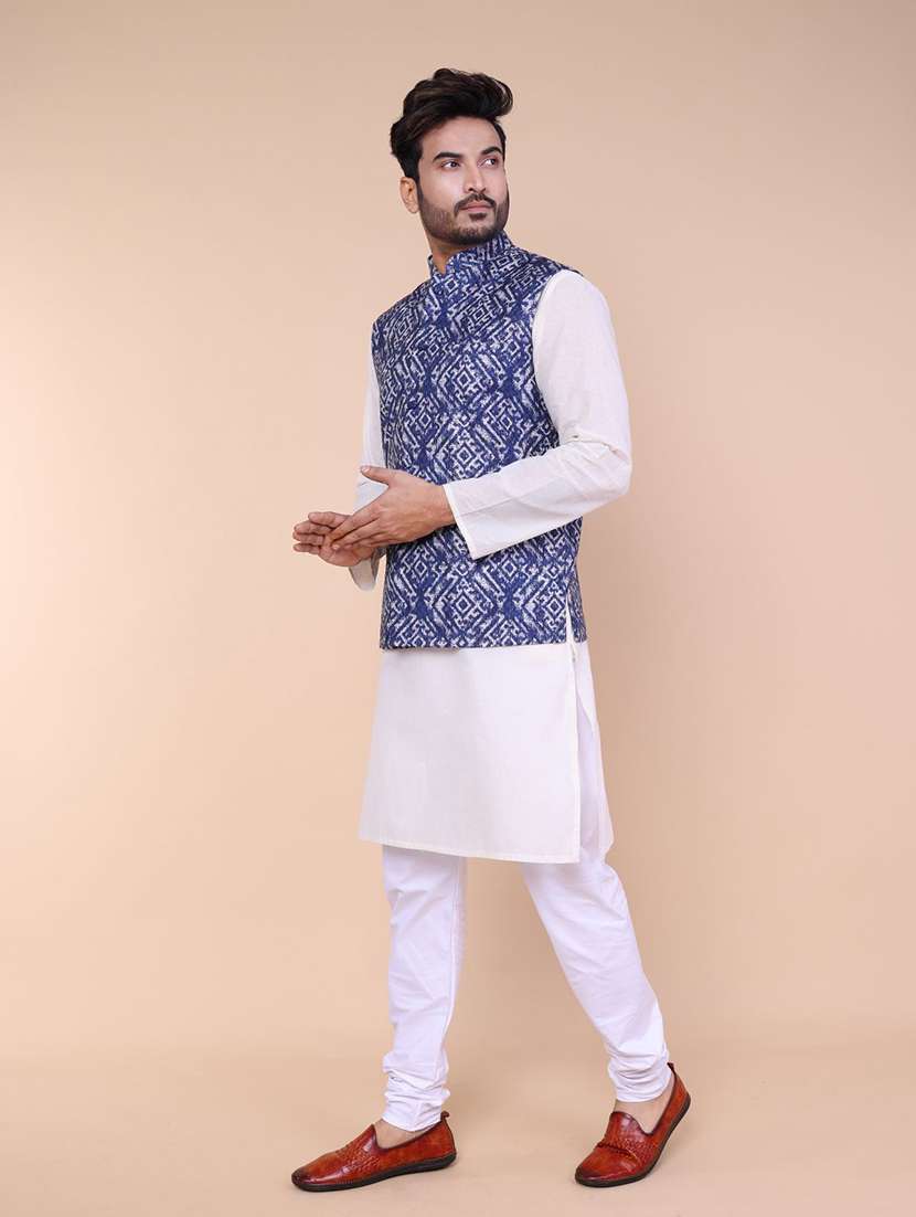 men printed mandarin neck kurta pyjama with jacket ethnic wear set