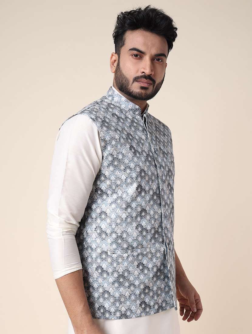 men printed mandarin neck kurta pyjama with jacket ethnic wear set