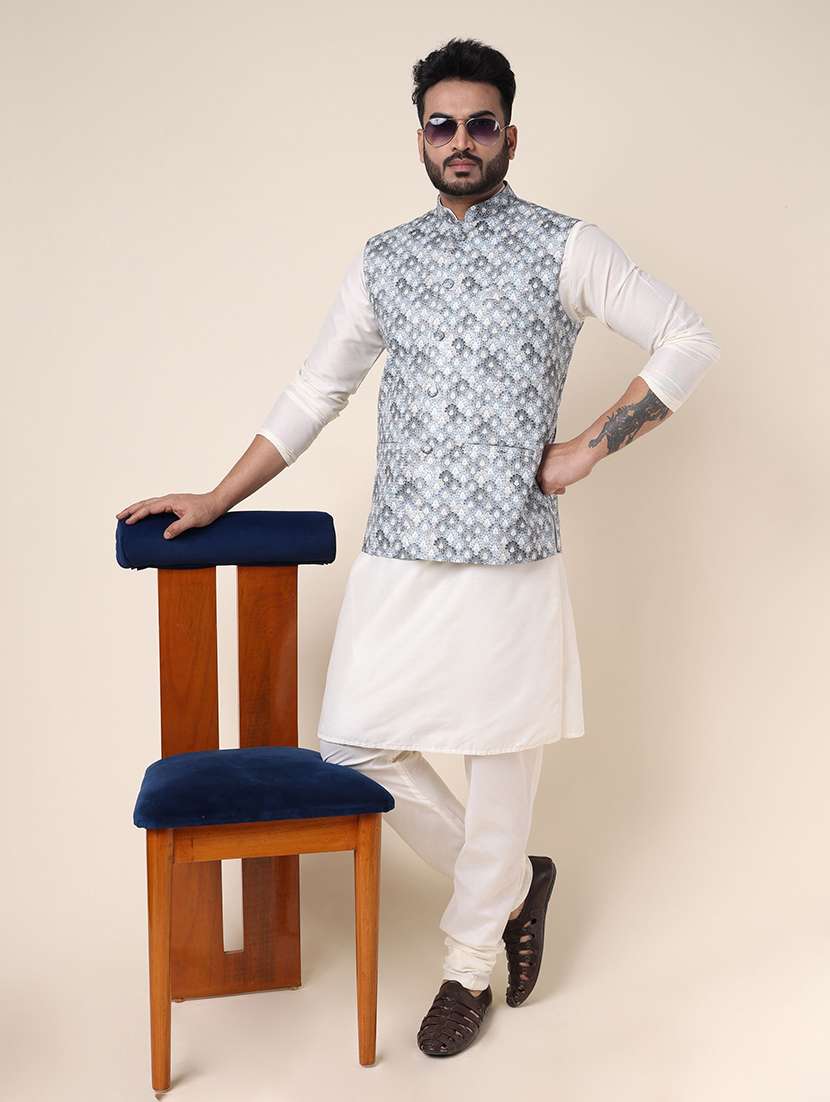 men printed mandarin neck kurta pyjama with jacket ethnic wear set - 22336116 -  Standard Image - 3