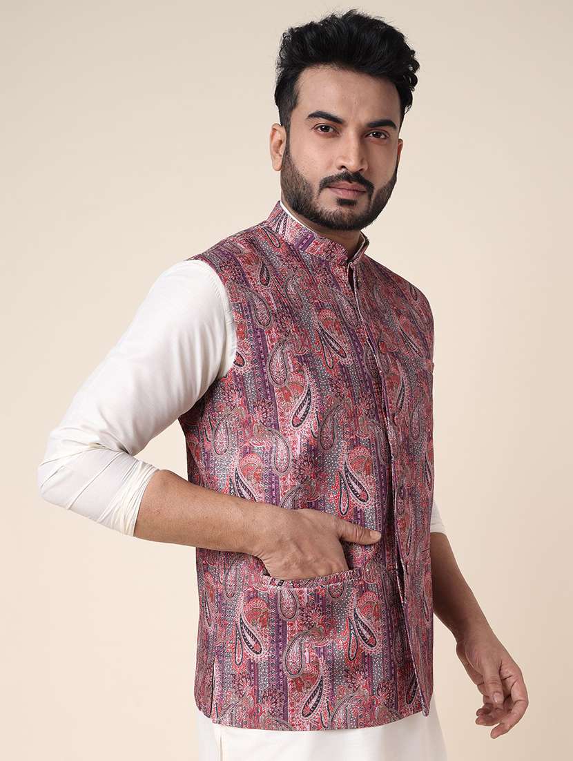 men paisley mandarin neck kurta pyjama with jacket ethnic wear set