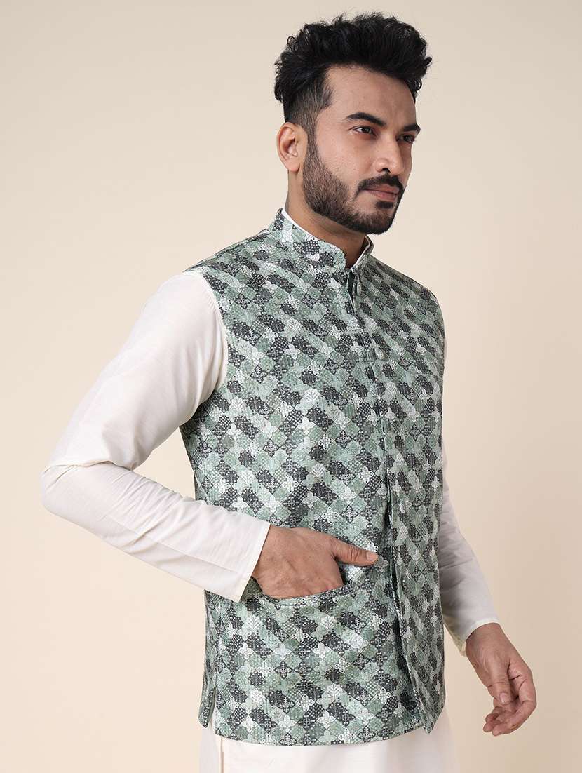 men printed mandarin neck kurta pyjama with jacket ethnic wear set