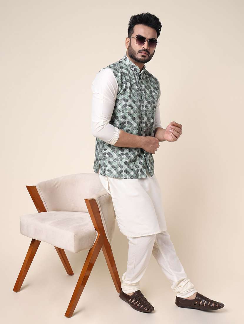 men printed mandarin neck kurta pyjama with jacket ethnic wear set - 22336118 -  Standard Image - 3
